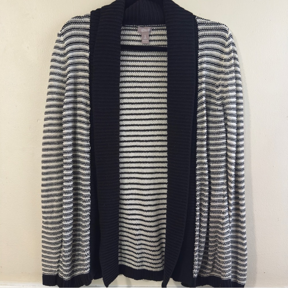 Chico's Monochrome Striped Black and White Cardigan Size 1 Medium Knit Top